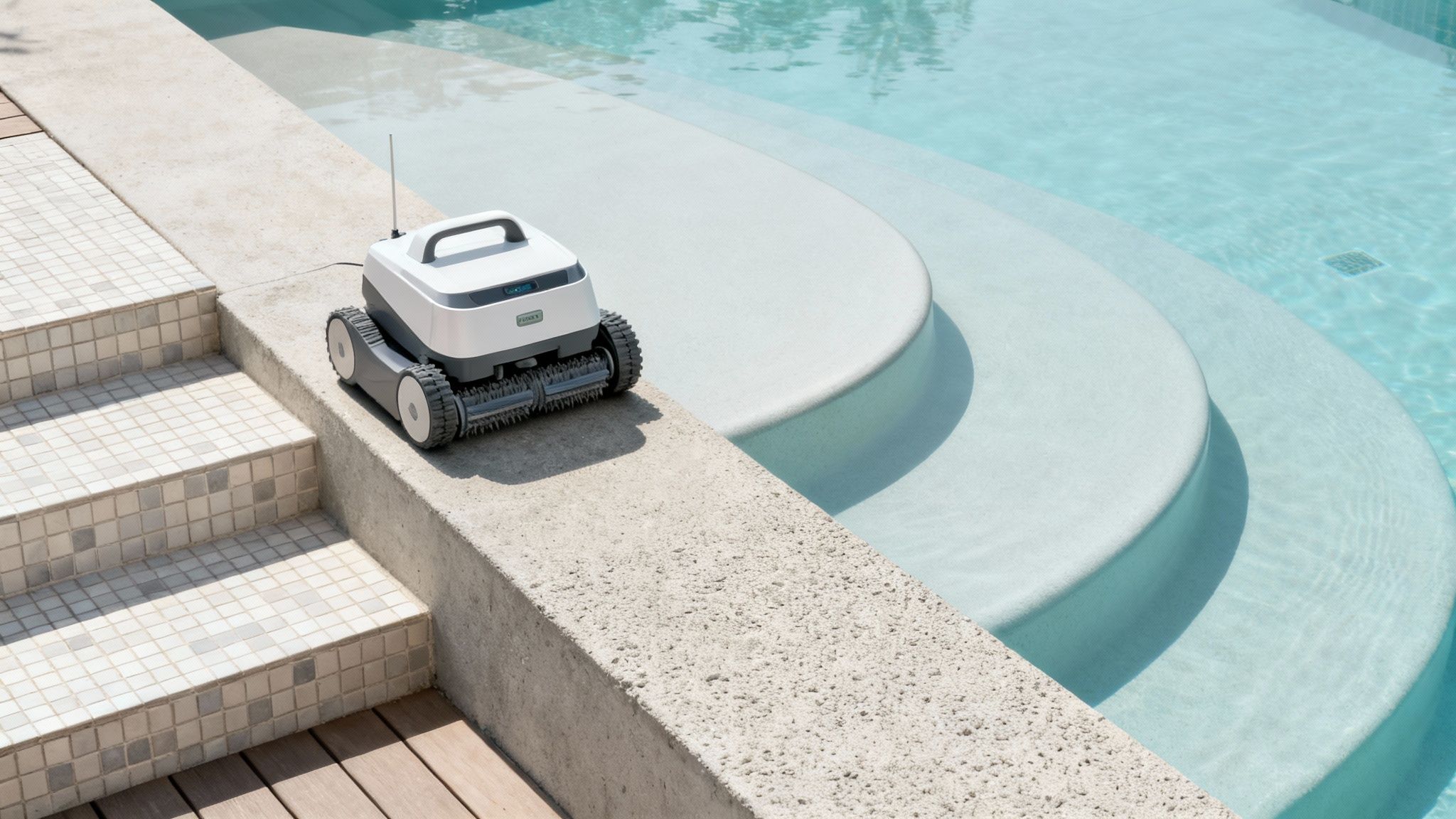 wireless pool robot pool cleaner - Le guide du robot piscine sans fil pour une eau impeccable Un robot de piscine sans fil blanc et gris posé sur le bord d'une piscine avec des marches bleues claires.