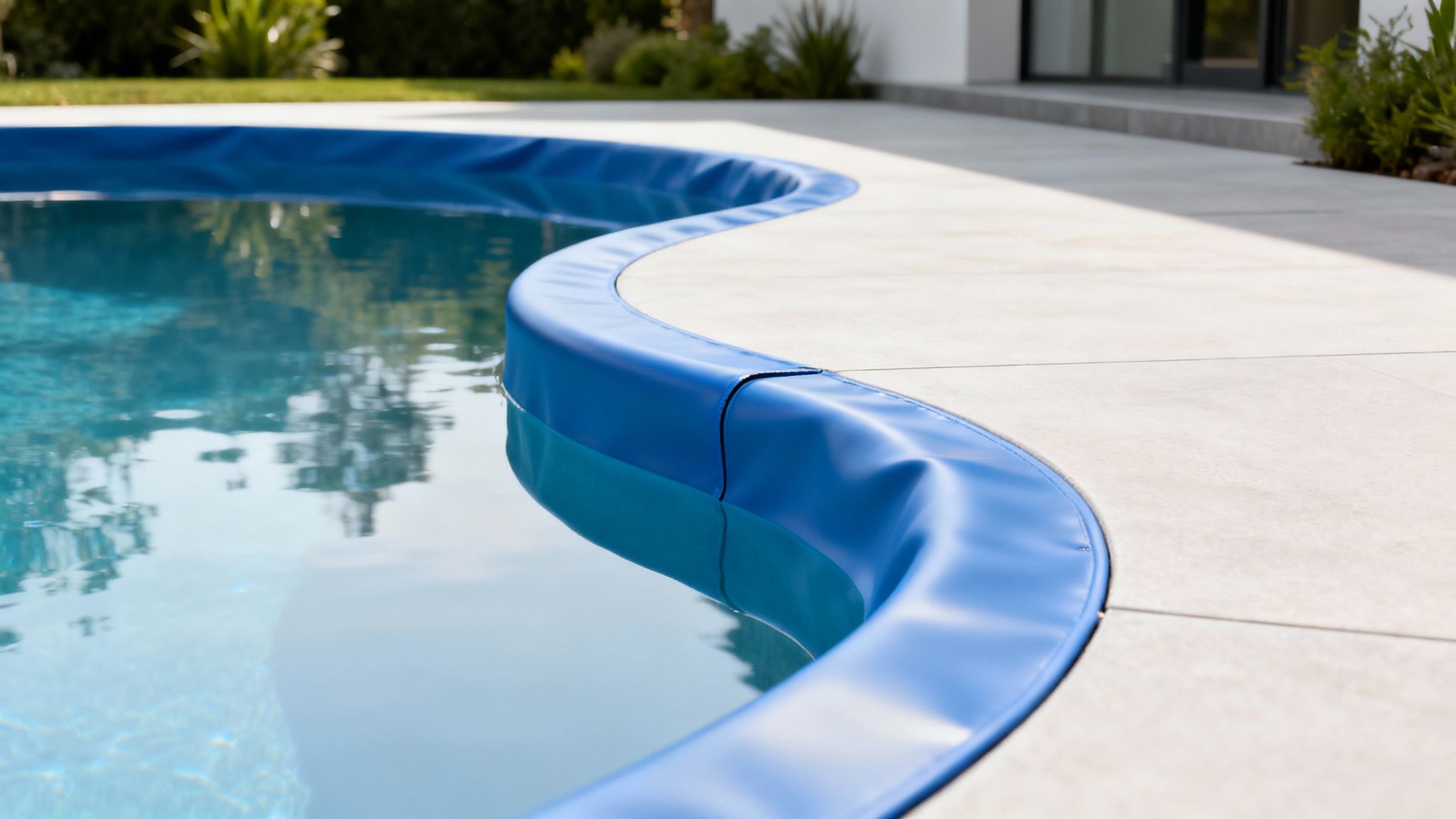 liner pool pool cover - Découvrez la piscine en liner: guide, prix et installation Gros plan sur le rebord incurvé d'une piscine avec couverture bleue et plage en carrelage clair.
