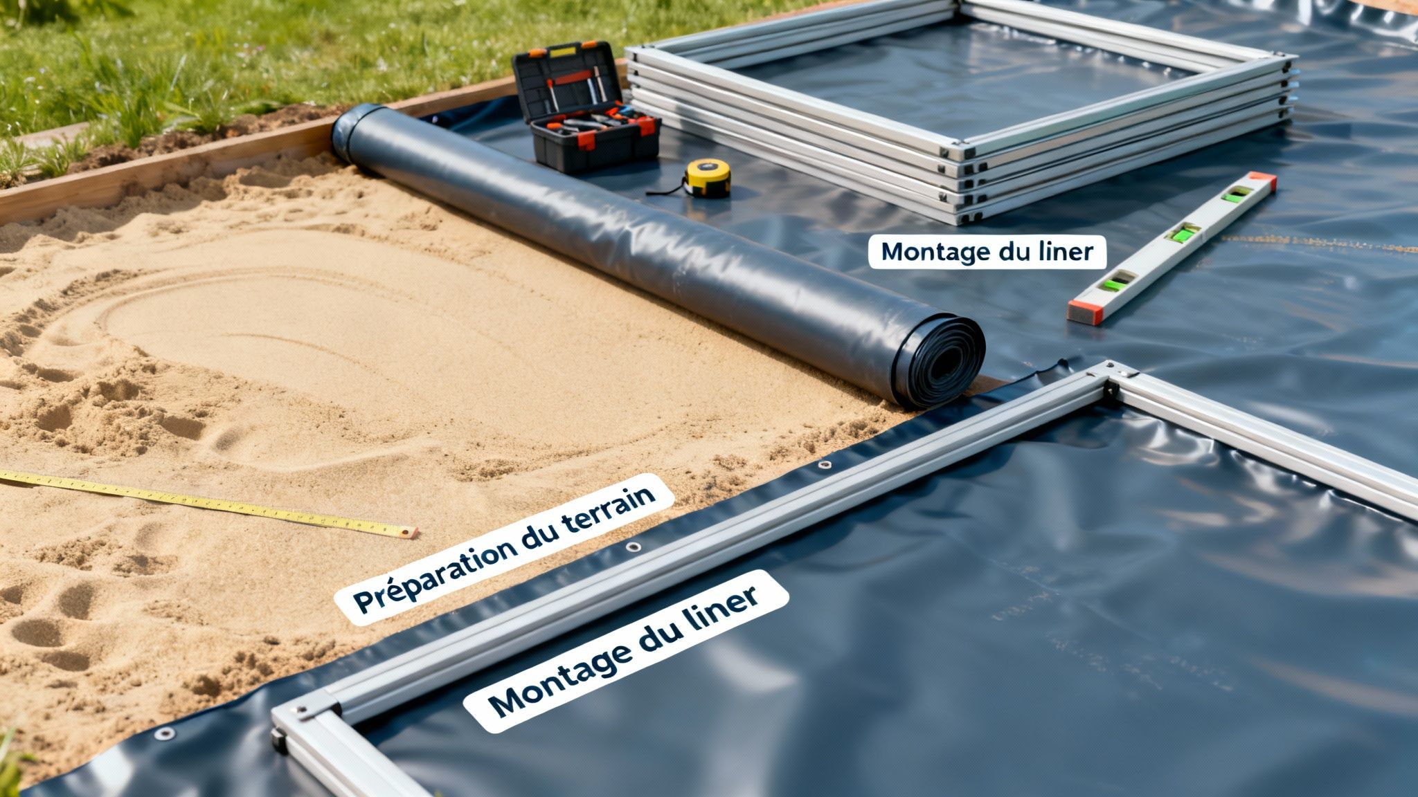 above ground pool pool setup - Le guide complet de la piscine hors sol et des alternatives bien-être pour votre jardin Préparation et installation d'une piscine hors sol dans un jardin, avec du sable, un liner et des outils.