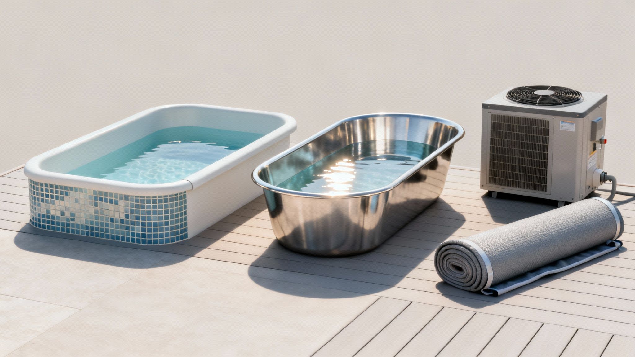 skimmer pool plunge tubs - Piscine à skimmer: Guide rapide et efficace Deux bassins, un en carrelage bleu et un métallique, avec un climatiseur extérieur et un tapis roulé sur une terrasse en bois.