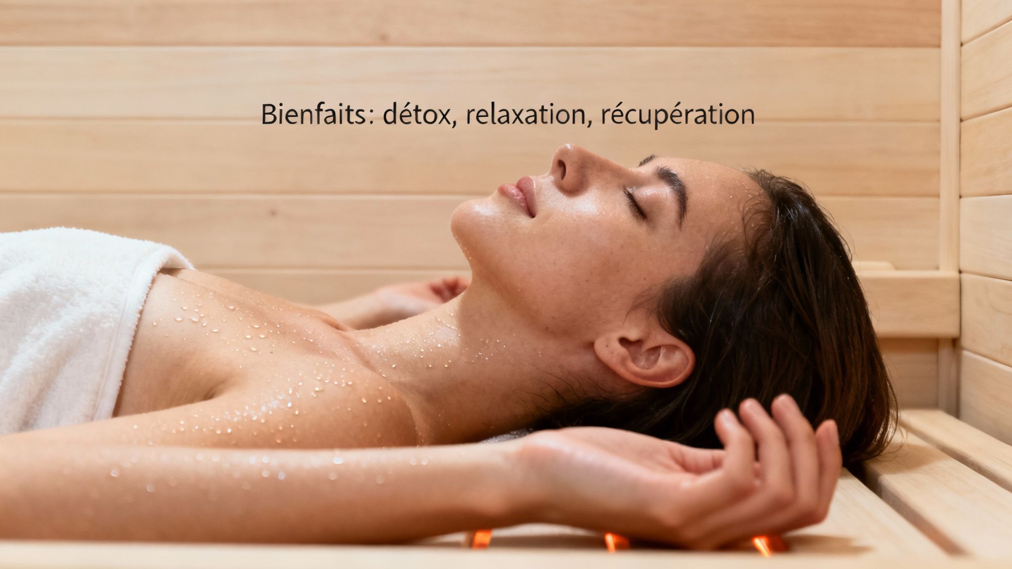 infrared sauna benefits sauna - Sauna infrarouge bienfaits révélés pour une santé optimale Jeune femme transpirant, détendue dans un sauna, bénéficiant des bienfaits de la détox, relaxation et récupération.