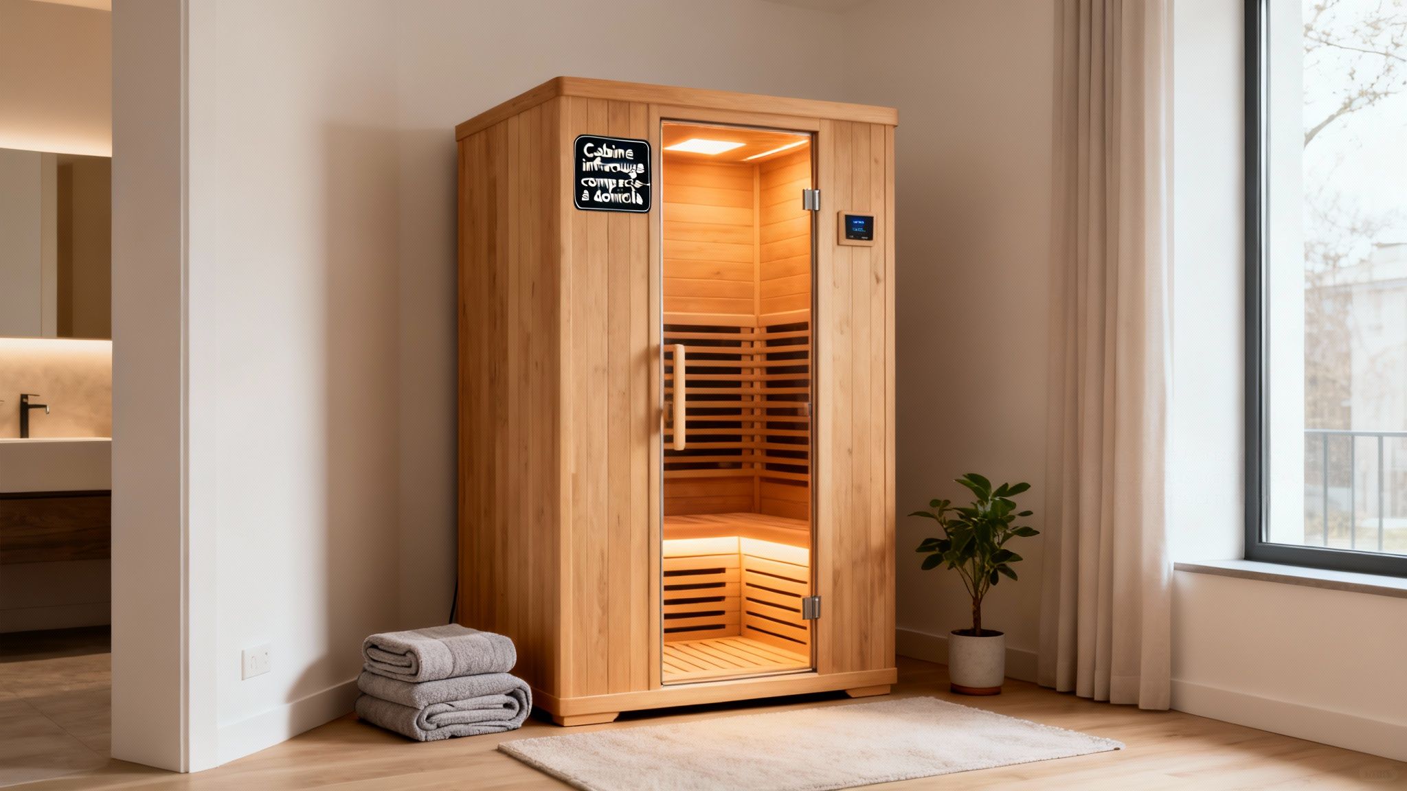infrared sauna benefits infrared sauna - Sauna infrarouge bienfaits révélés pour une santé optimale Sauna infrarouge compact en bois clair dans un intérieur lumineux, avec serviettes et plante décorative.