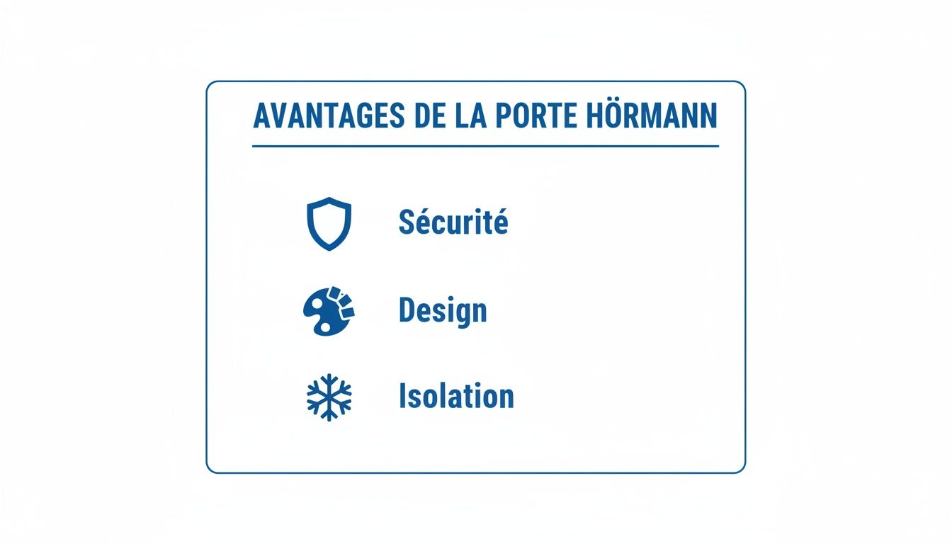 Liste des principaux avantages de la porte Hörmann : sécurité, design et isolation.