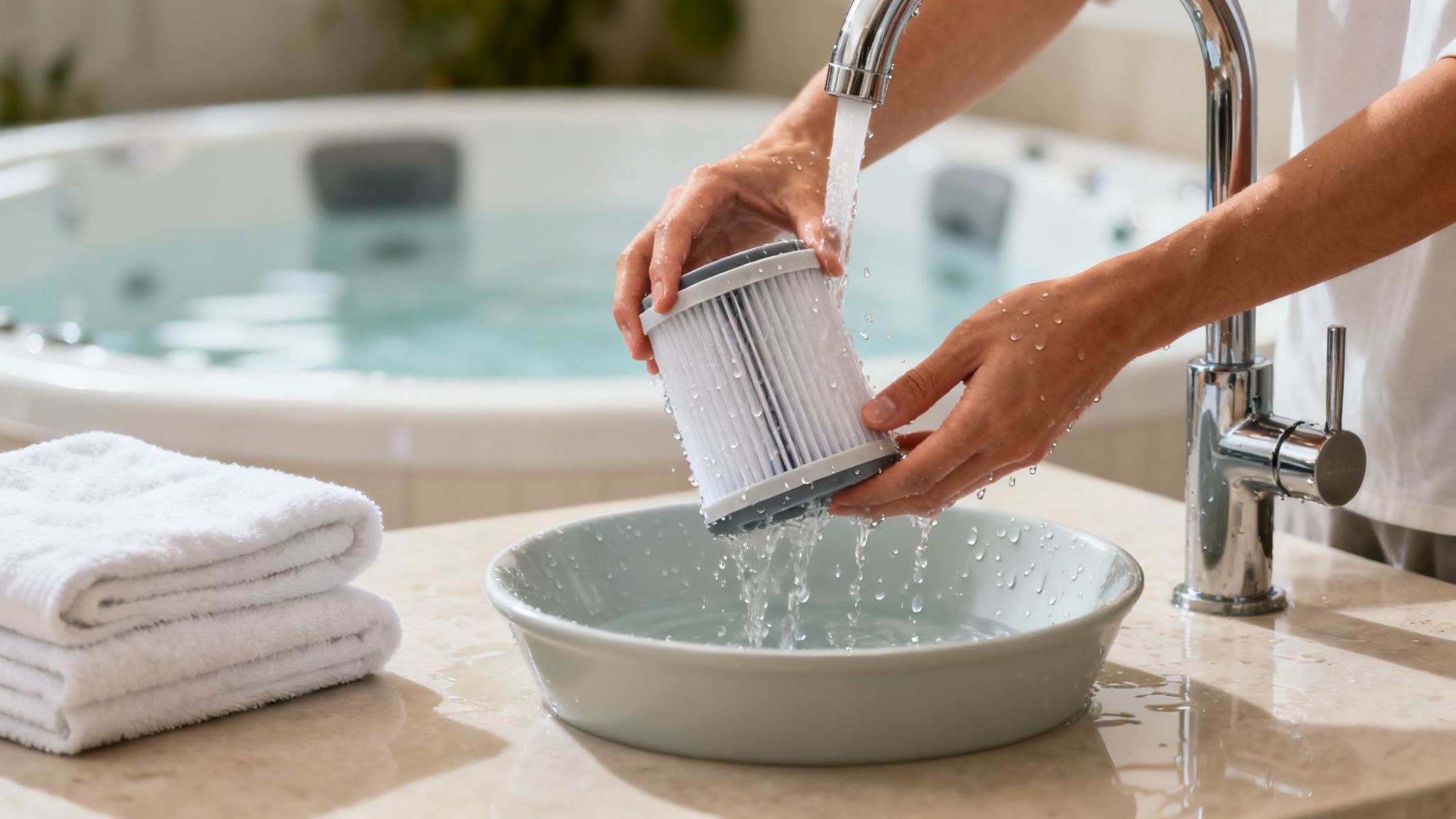 jacuzzi vacuum filter cleaning - Le guide pour choisir le meilleur aspirateur pour votre espace bien-être Une personne nettoie un filtre sous l'eau courante au-dessus d'une cuvette, avec un jacuzzi et des serviettes blanches en arrière-plan.