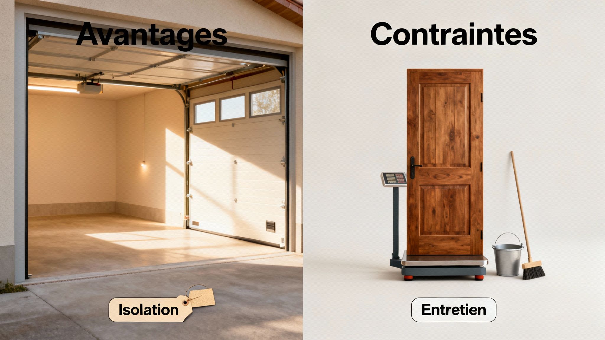 Image montrant les avantages (isolation d'une porte de garage) et les contraintes (entretien d'une porte en bois).