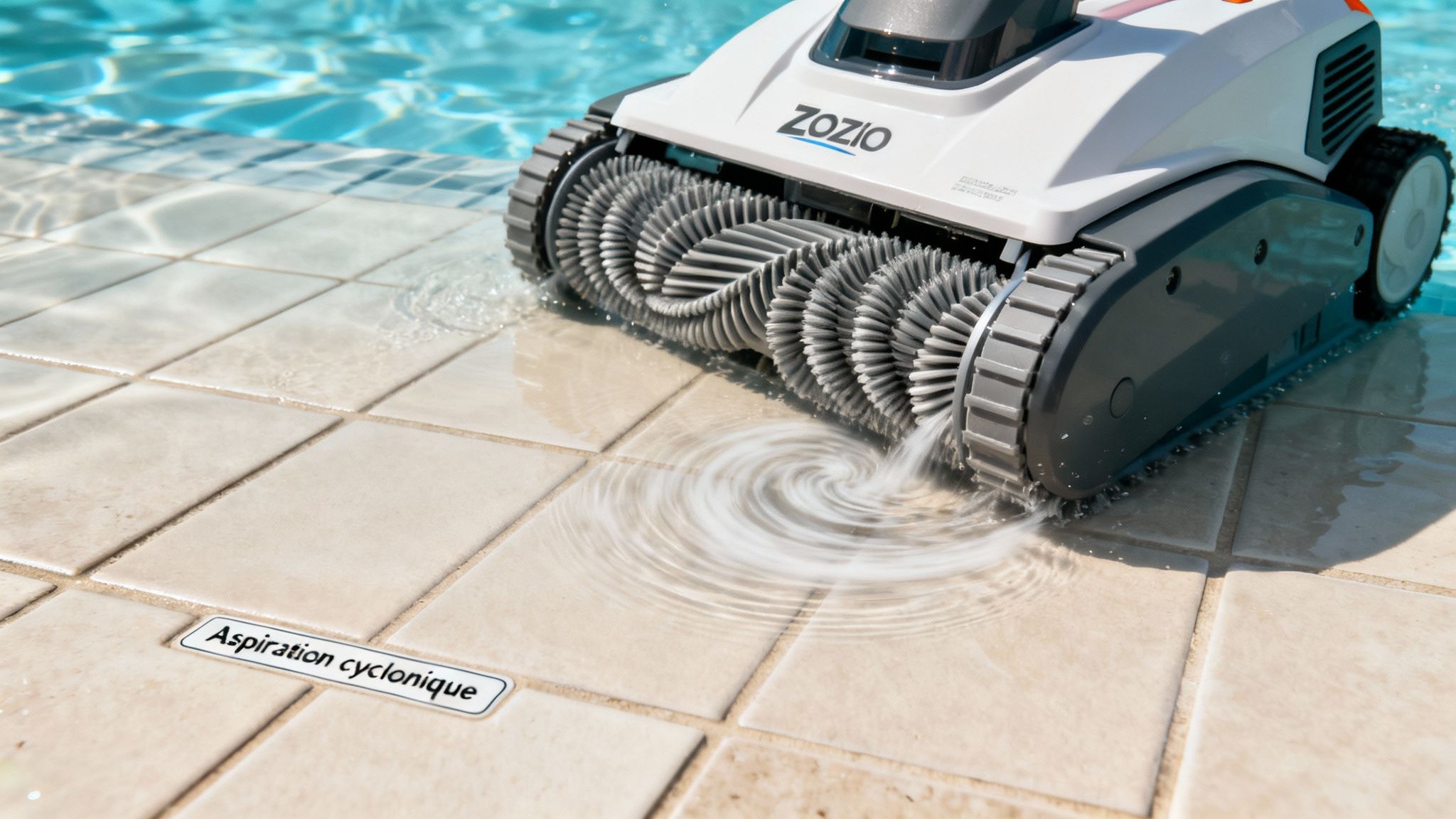 zodiac pool robot pool cleaner - Le guide ultime du robot pour piscine Zodiac en Belgique Robot nettoyeur de piscine ZOZIO blanc et gris aspirant l'eau avec une aspiration cyclonique.