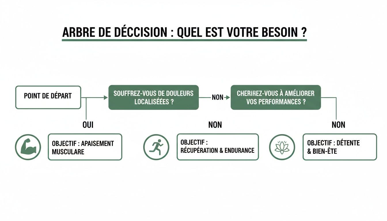 infrared cabin decision tree - Le guide complet de la cabine à infrarouge pour votre bien-être Arbre de décision simple pour déterminer les besoins : apaisement musculaire, récupération et endurance, ou détente et bien-être.