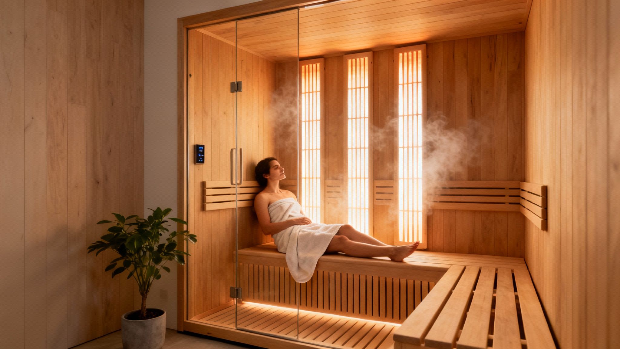benefits of infrared sauna sauna - Le guide des bienfaits du sauna infrarouge pour votre santé Femme sereine enveloppée dans une serviette, se détendant dans un sauna infrarouge moderne en bois avec vapeur.