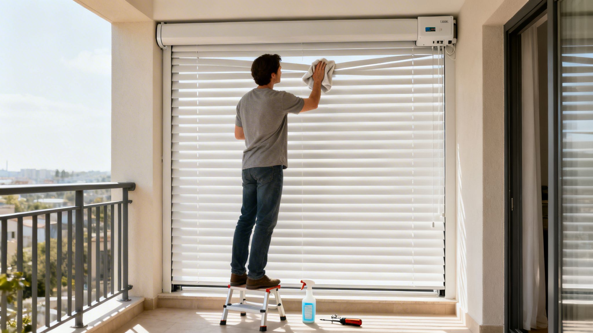 Un homme nettoie des volets roulants électriques blancs sur un balcon ensoleillé.