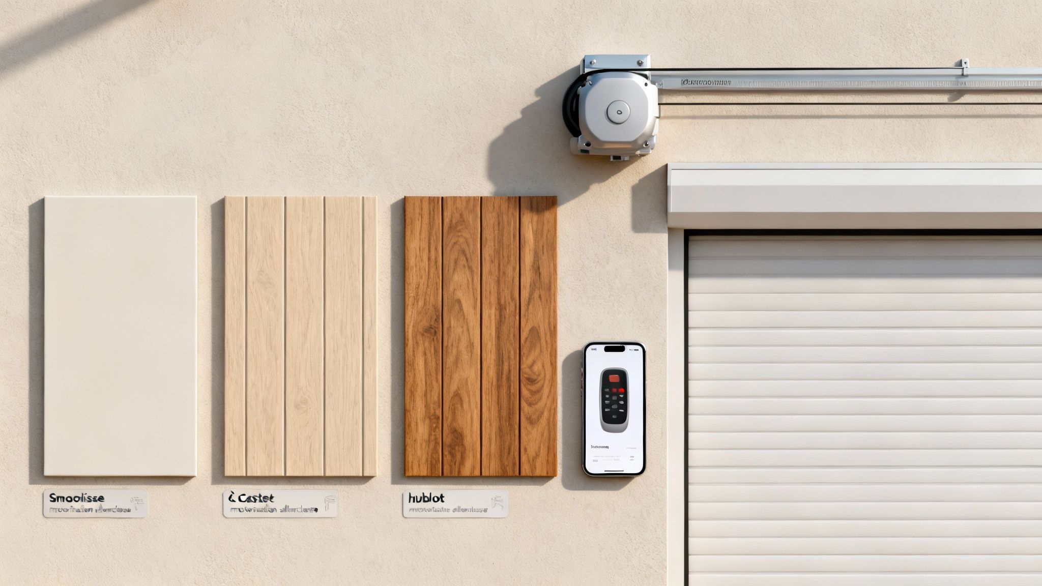 Une porte de garage avec des échantillons de matériaux (bois clair, bois foncé) et une application de contrôle à distance.