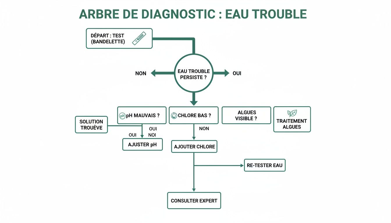 cloudy water pool diagnostic flowchart - Eau trouble piscine: le guide pour retrouver une eau cristalline Diagramme de diagnostic pour eau trouble de piscine : étapes de test (bandelette), pH, chlore, algues et solutions.