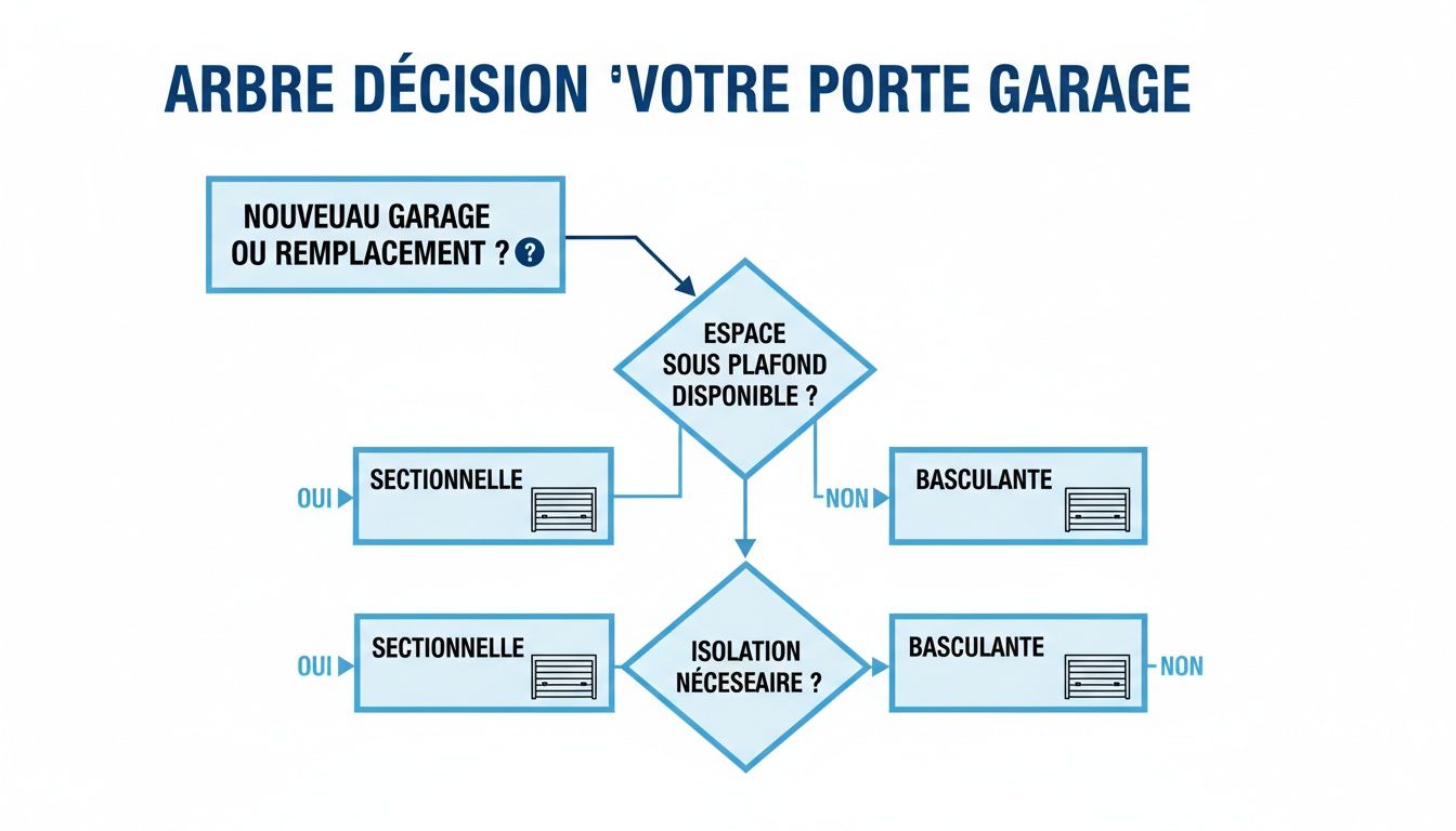 Diagramme de décision pour choisir une porte de garage : neuve ou remplacement, espace sous plafond, isolation.