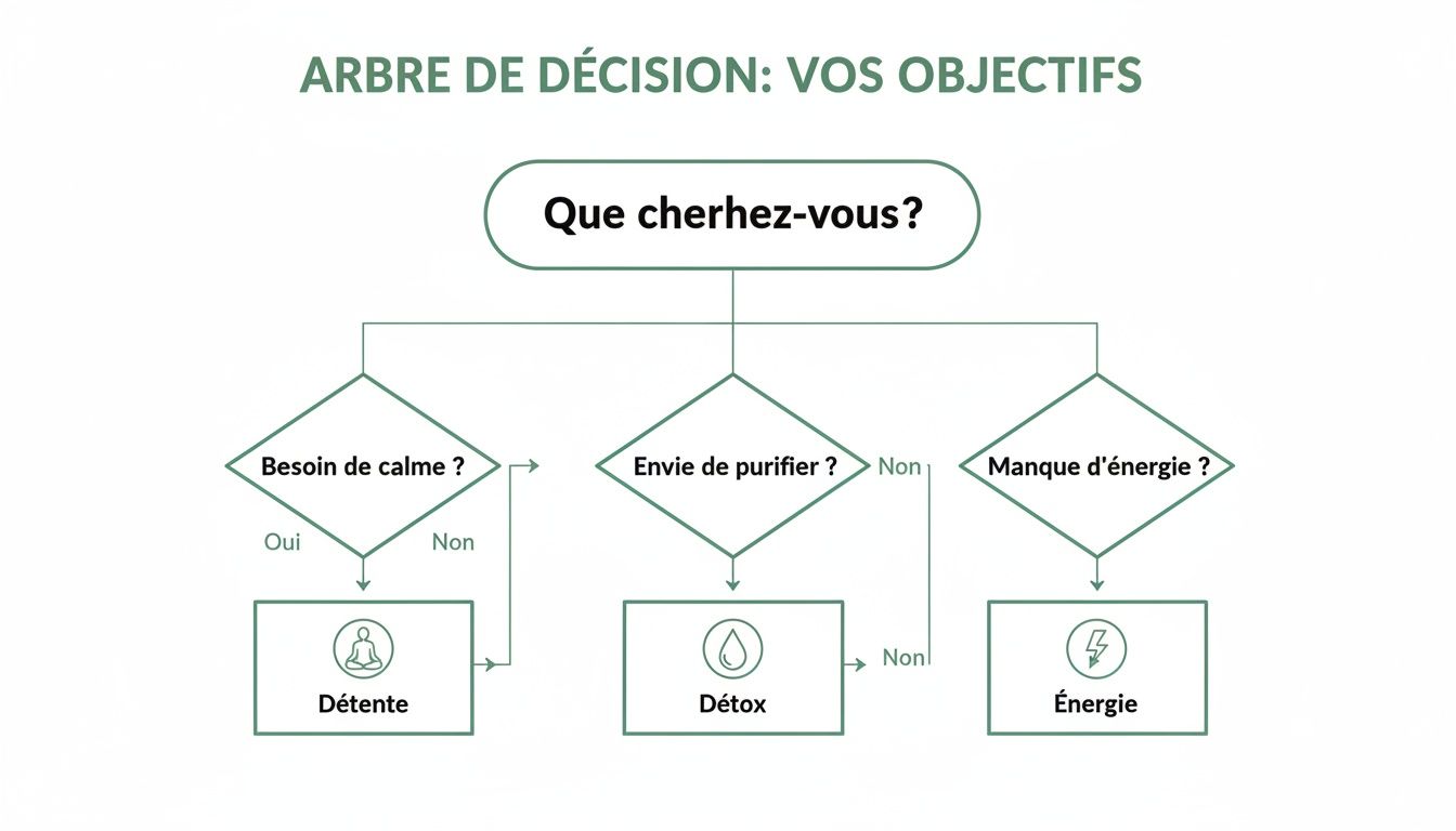 benefits infrared sauna decision tree - Bienfaits sauna infrarouge: découvrez ses effets sur la santé Arbre de décision interactif pour identifier vos objectifs de bien-être : calme, purification ou énergie.