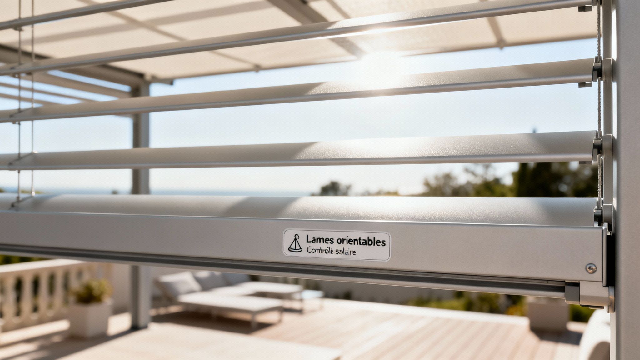 Pergola bioclimatique moderne avec lames orientables argentées, offrant un contrôle solaire efficace sur une terrasse ensoleillée.