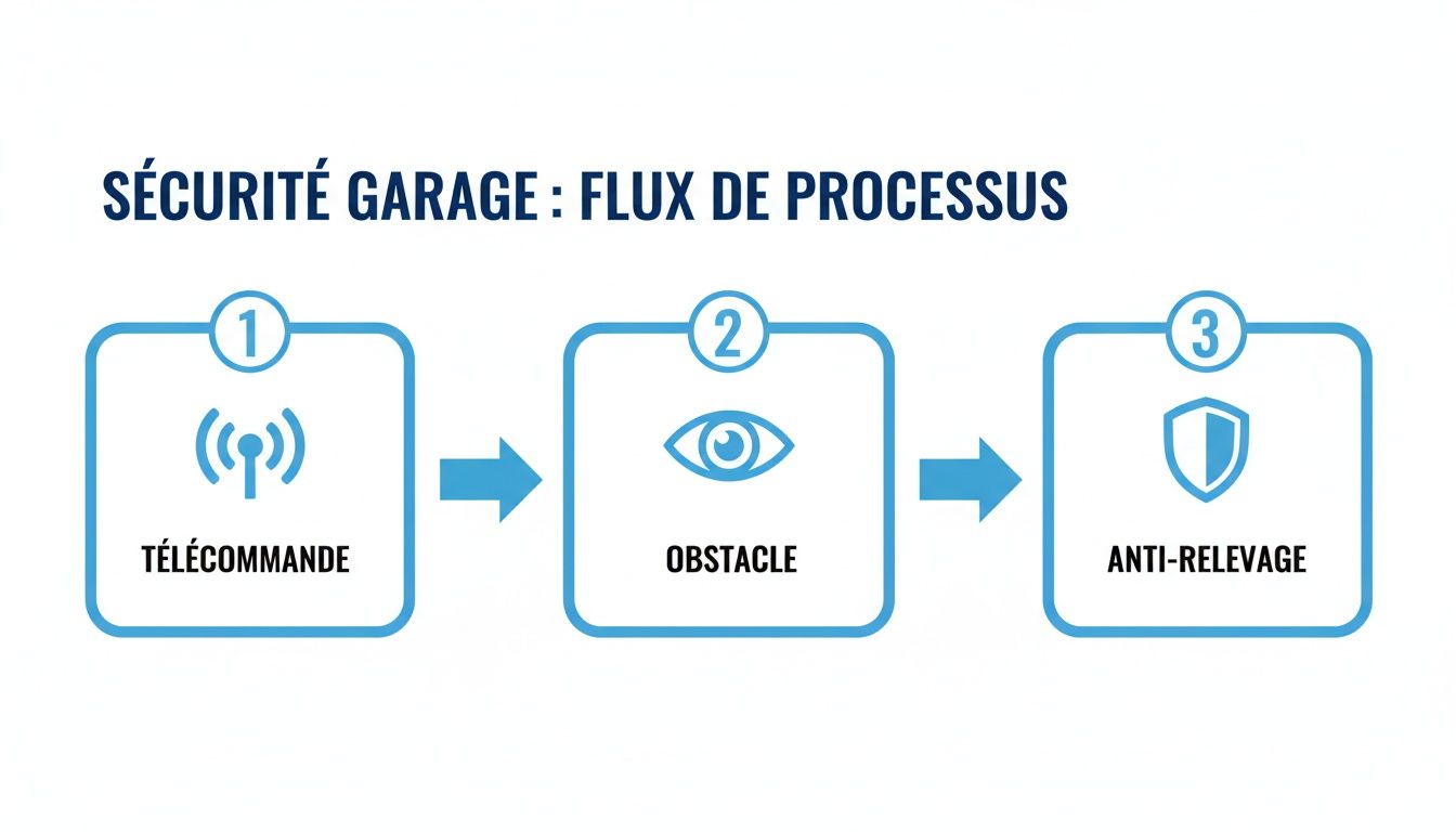 Un diagramme de flux illustrant la sécurité d'un garage en trois étapes : télécommande, détection d'obstacle, et système anti-relevage.