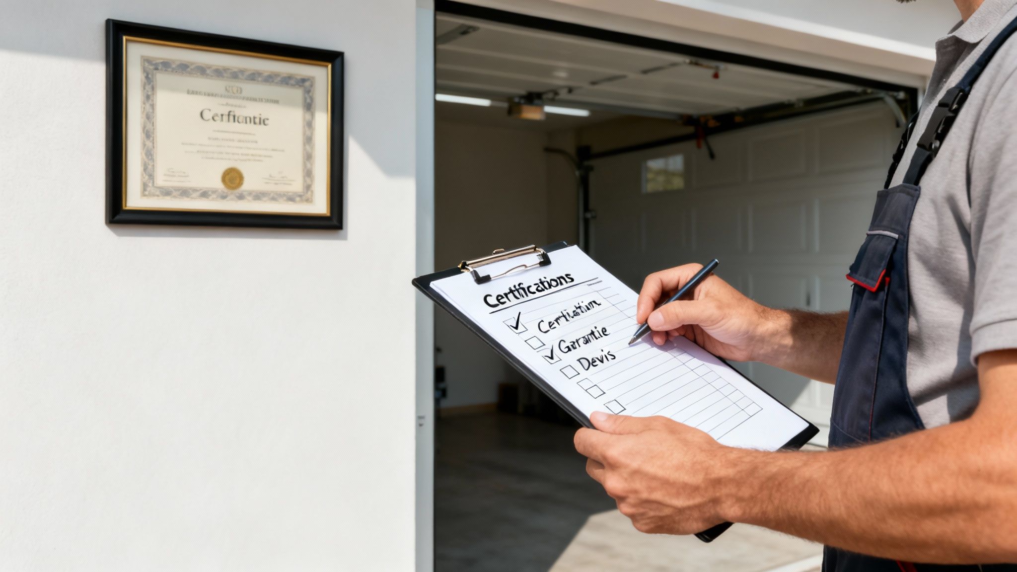 Un homme en salopette vérifie une liste de certifications sur un presse-papiers, avec un diplôme encadré au mur.