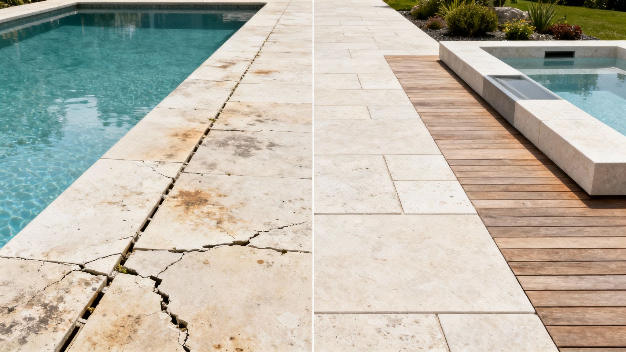 pool coping pool renovation - Découvrez la margelle pour piscine idéale: guide complet et conseils Avant et après : rénovation d'une margelle de piscine fissurée et sale en une terrasse moderne et propre avec bois.