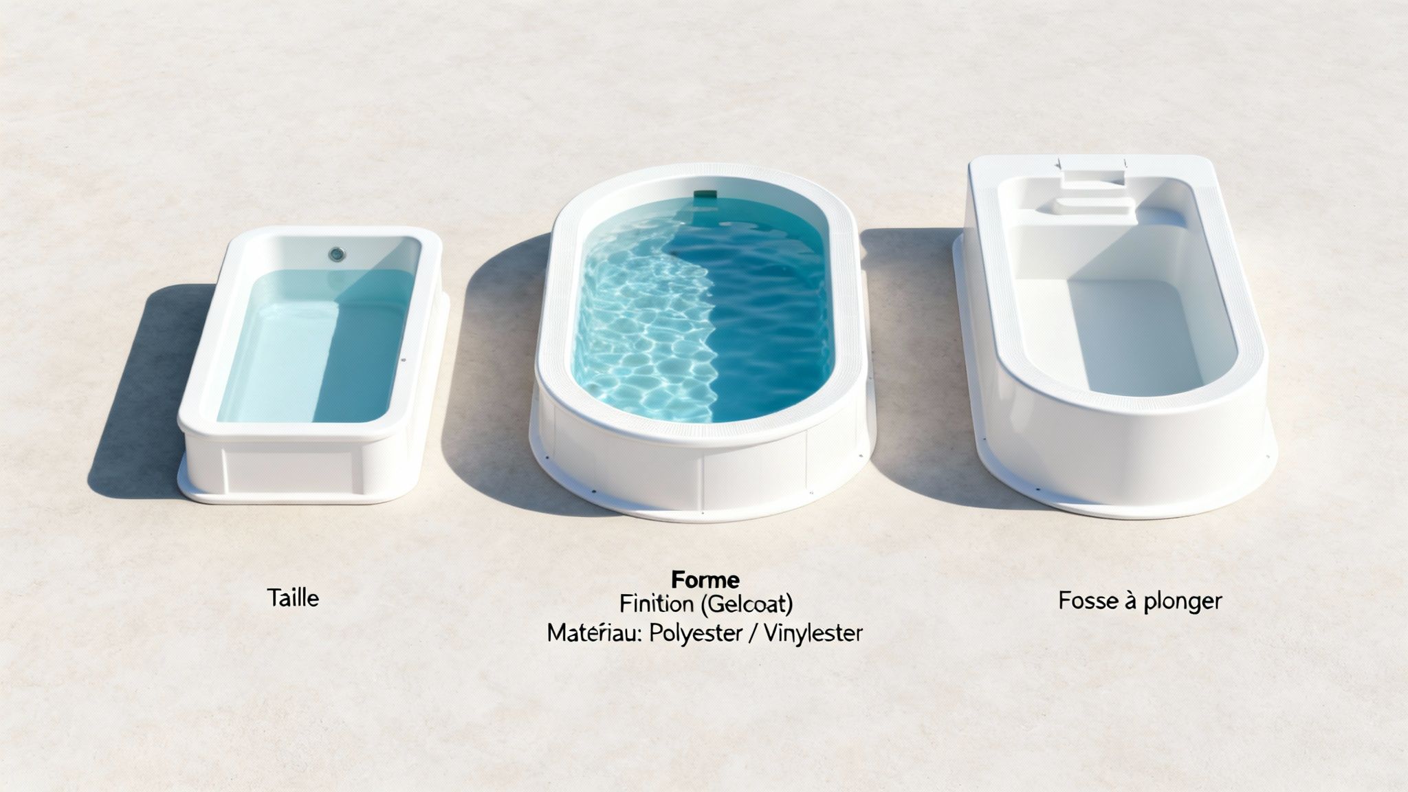 fiberglass pool prices mini pools - Prix piscines coques : guide clair et pratique en Belgique et au Luxembourg Trois mini-piscines blanches préfabriquées illustrant différentes tailles, formes, finitions et matériaux.