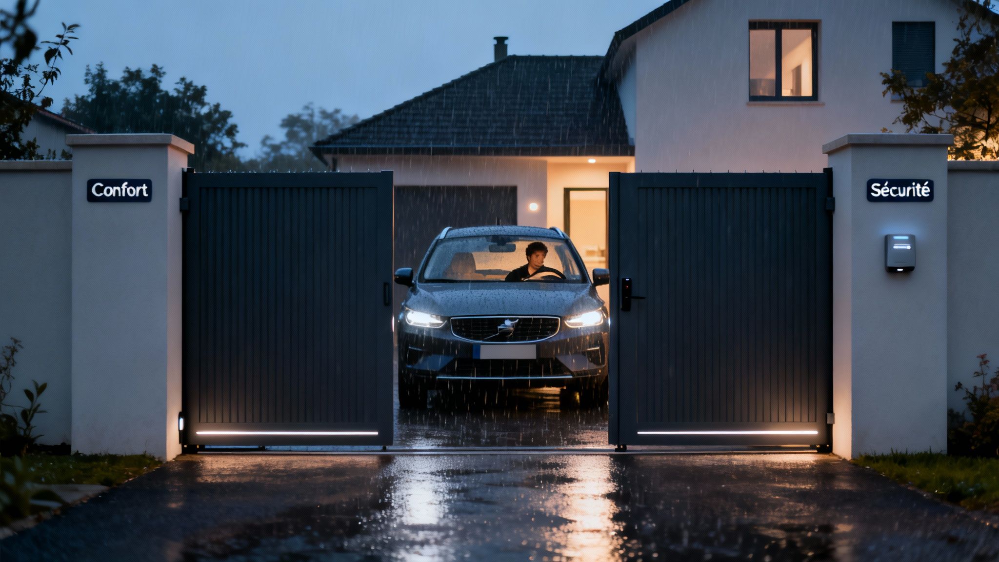 Voiture entrant par un portail battant automatique éclairé sous la pluie avec signalisation Confort et Sécurité.