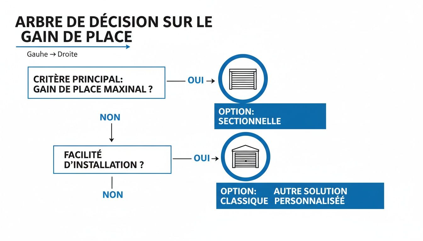 Diagramme de décision pour choisir une porte de garage en fonction du gain de place maximal et de la facilité d'installation.