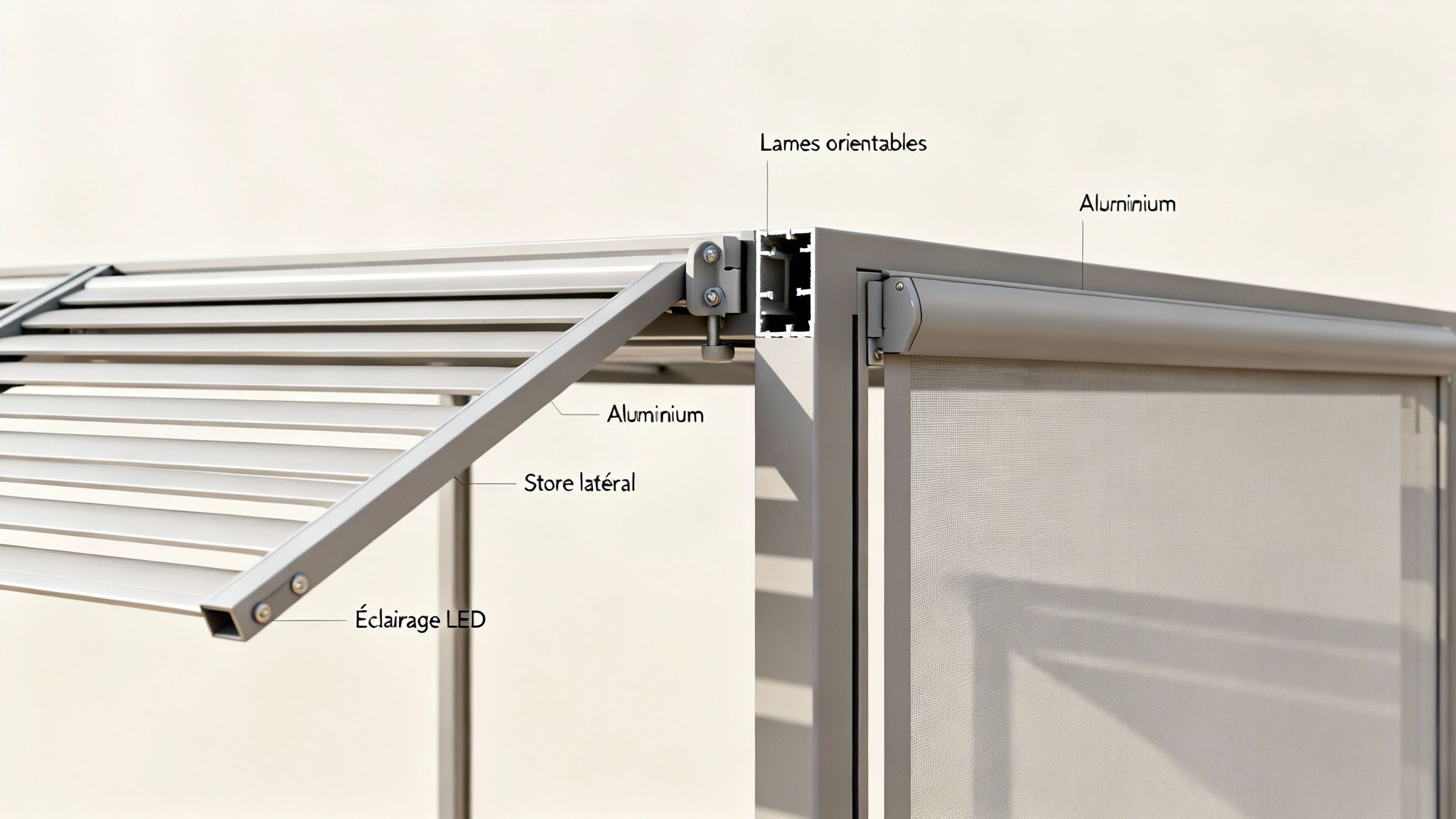 bioclimatic pergola price pergola details - Pergola bioclimatique prix : Estimer le coût en Belgique Détail d'une pergola bioclimatique moderne grise montrant ses lames orientables, structure en aluminium, store latéral et éclairage LED intégré.