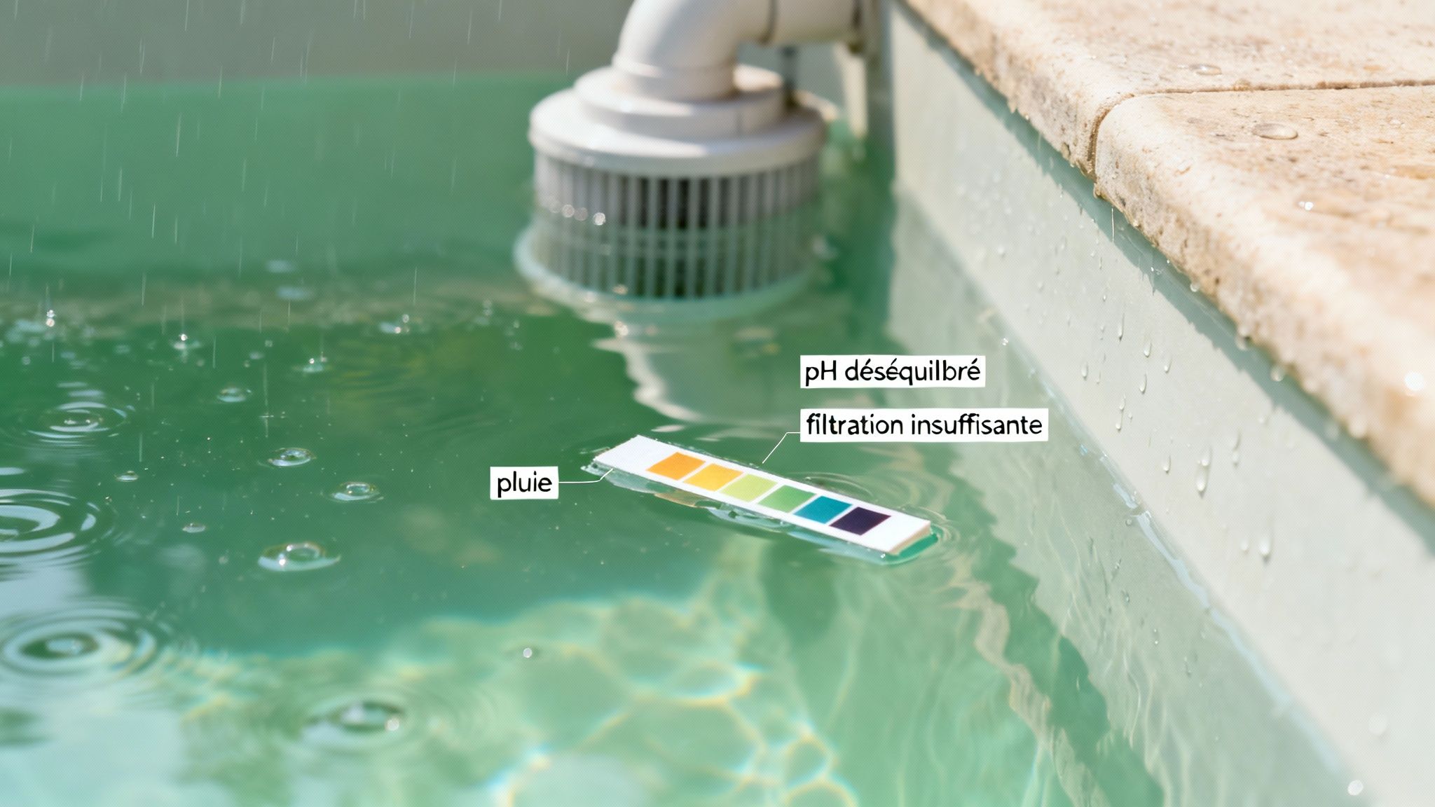 Bandelette de test flottant dans l'eau d'une piscine sous la pluie, indiquant un pH déséquilibré et une filtration insuffisante.
