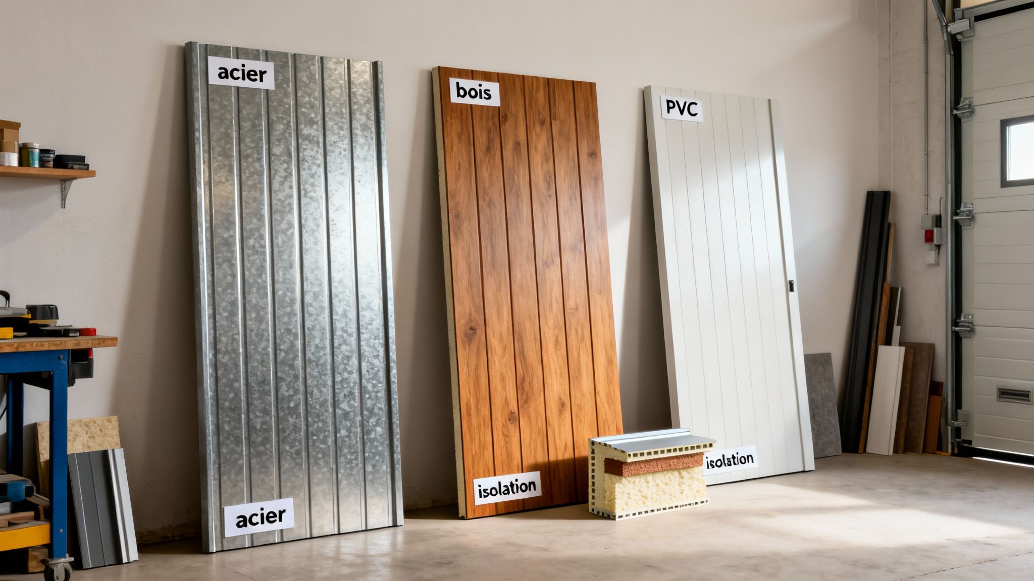 Trois échantillons de matériaux (acier, bois, PVC) et isolation pour portes de garage.