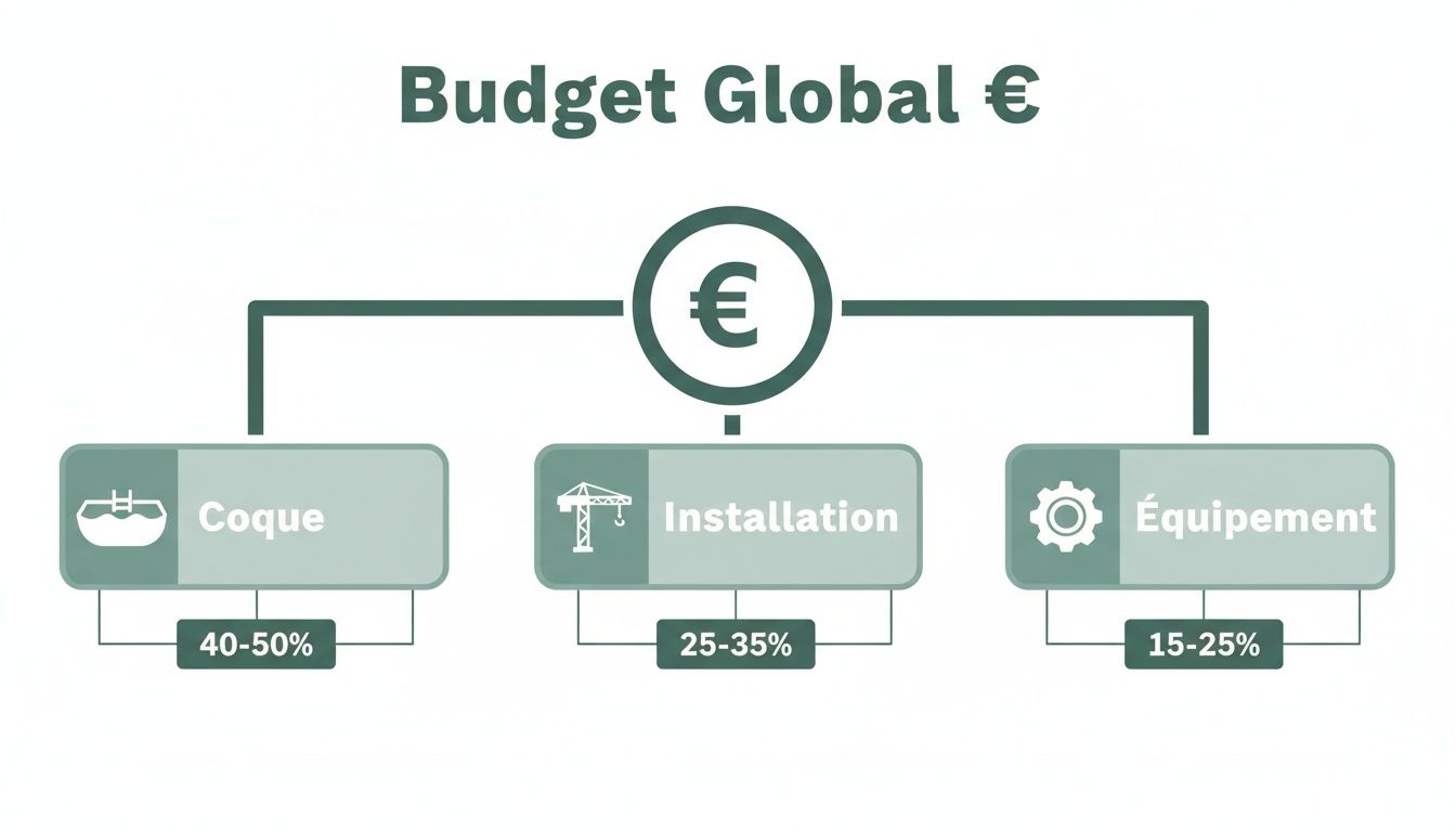fiberglass pool price budget breakdown - Prix piscine en coque et maîtrisez votre budget: coûts et conseils Diagramme de répartition du budget global pour une piscine, incluant la coque, l'installation et l'équipement.
