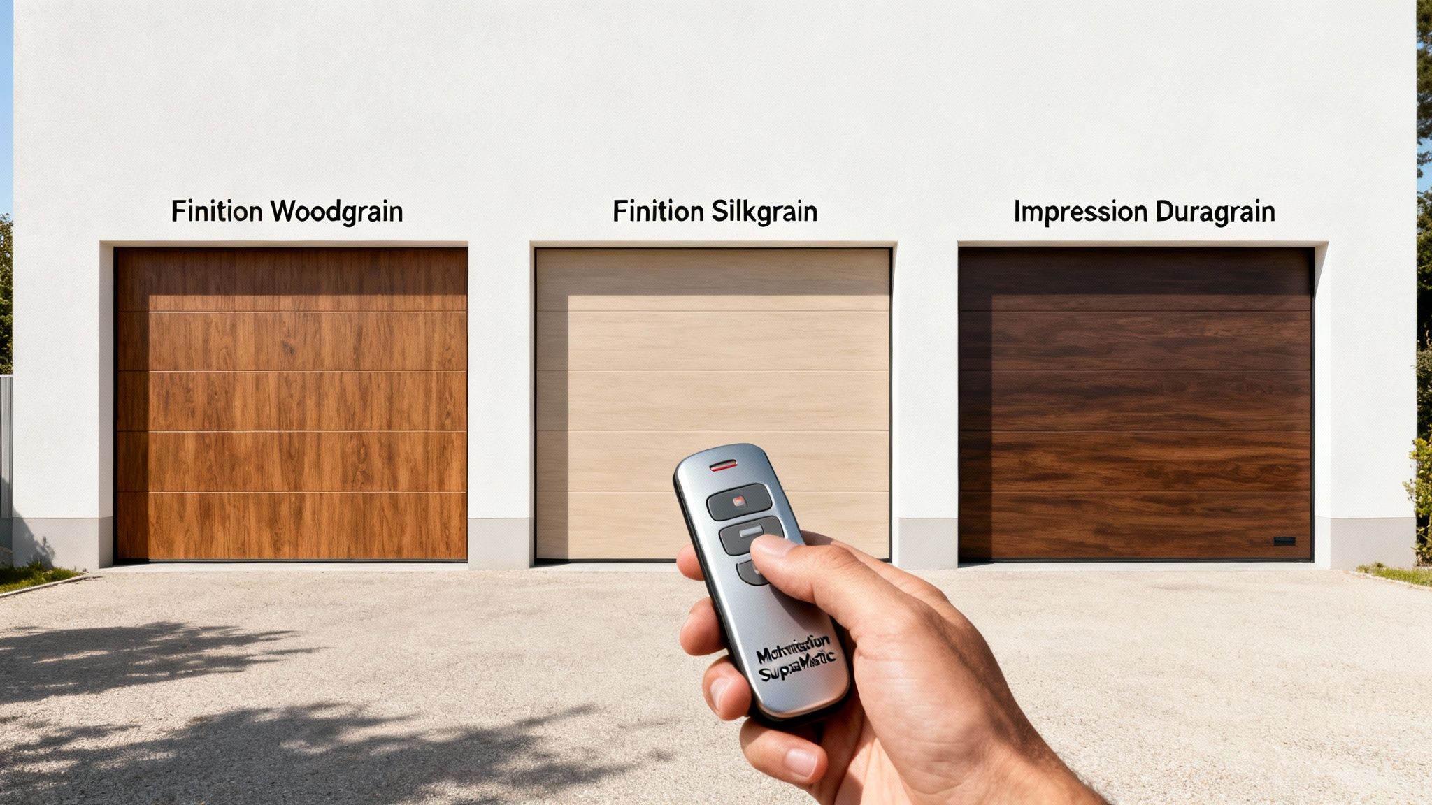 Trois portes de garage sectionnelles Hörmann avec différentes finitions bois, l'une étant actionnée par une télécommande SupraMatic.