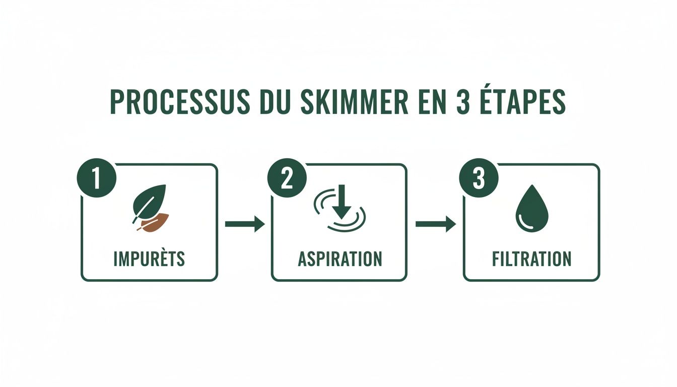 skimmer pool skimmer process - Piscine à skimmer: Guide rapide et efficace Infographie illustrant le processus de nettoyage d'une piscine par skimmer en trois étapes: élimination des impuretés, aspiration et filtration de l'eau.