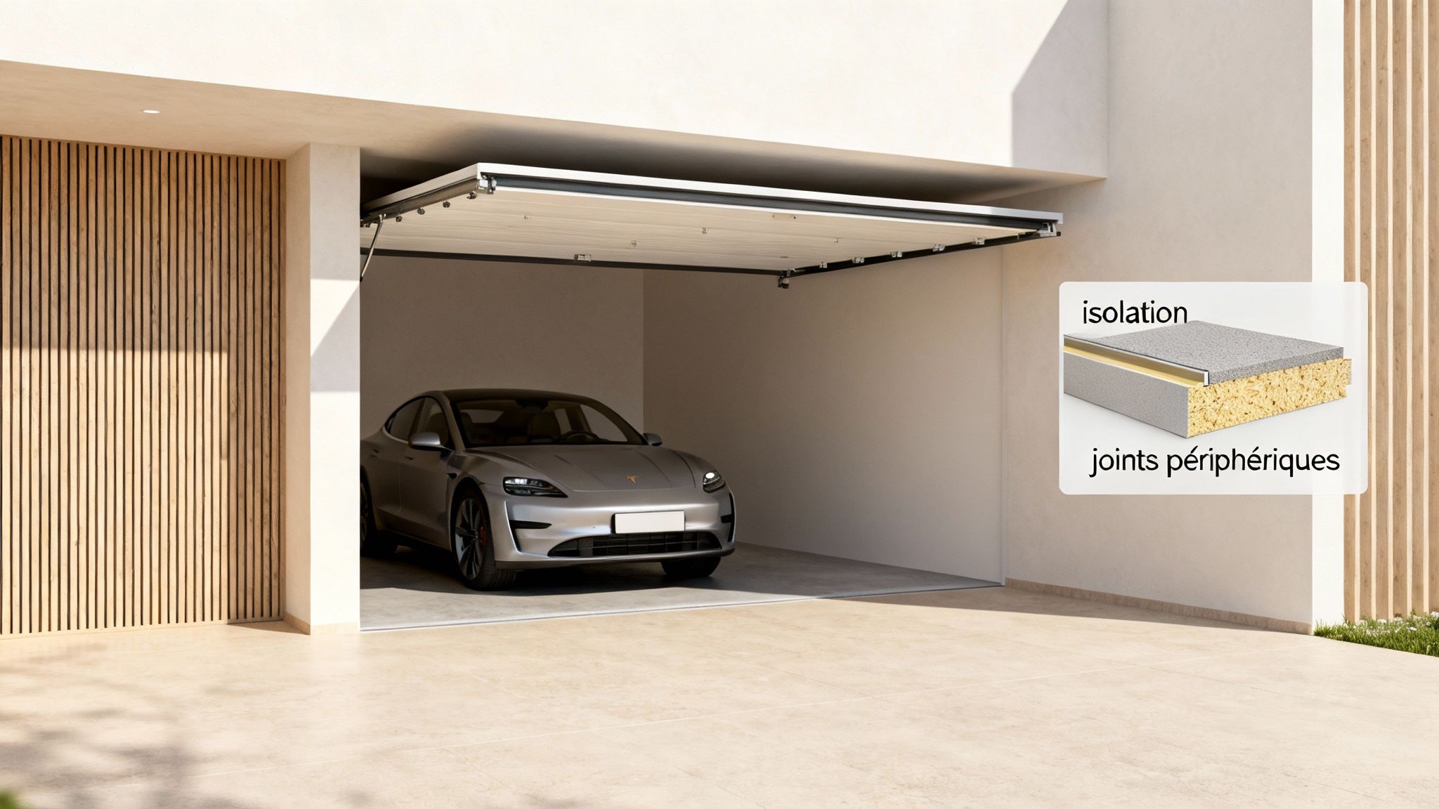 Garage moderne avec porte sectionnelle ouverte, montrant une voiture grise et l'isolation thermique de la porte.