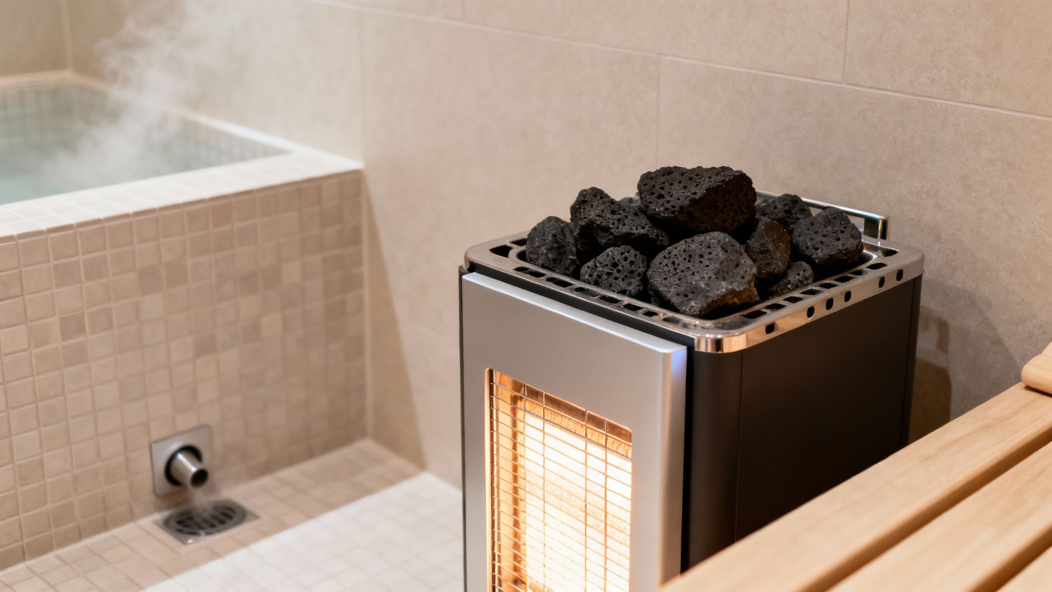 sauna or hammam sauna heater - Sauna ou hammam lequel choisir pour votre bien-être Appareil de sauna avec pierres et élément chauffant, près d'une baignoire fumante dans un espace carrelé avec banc en bois.