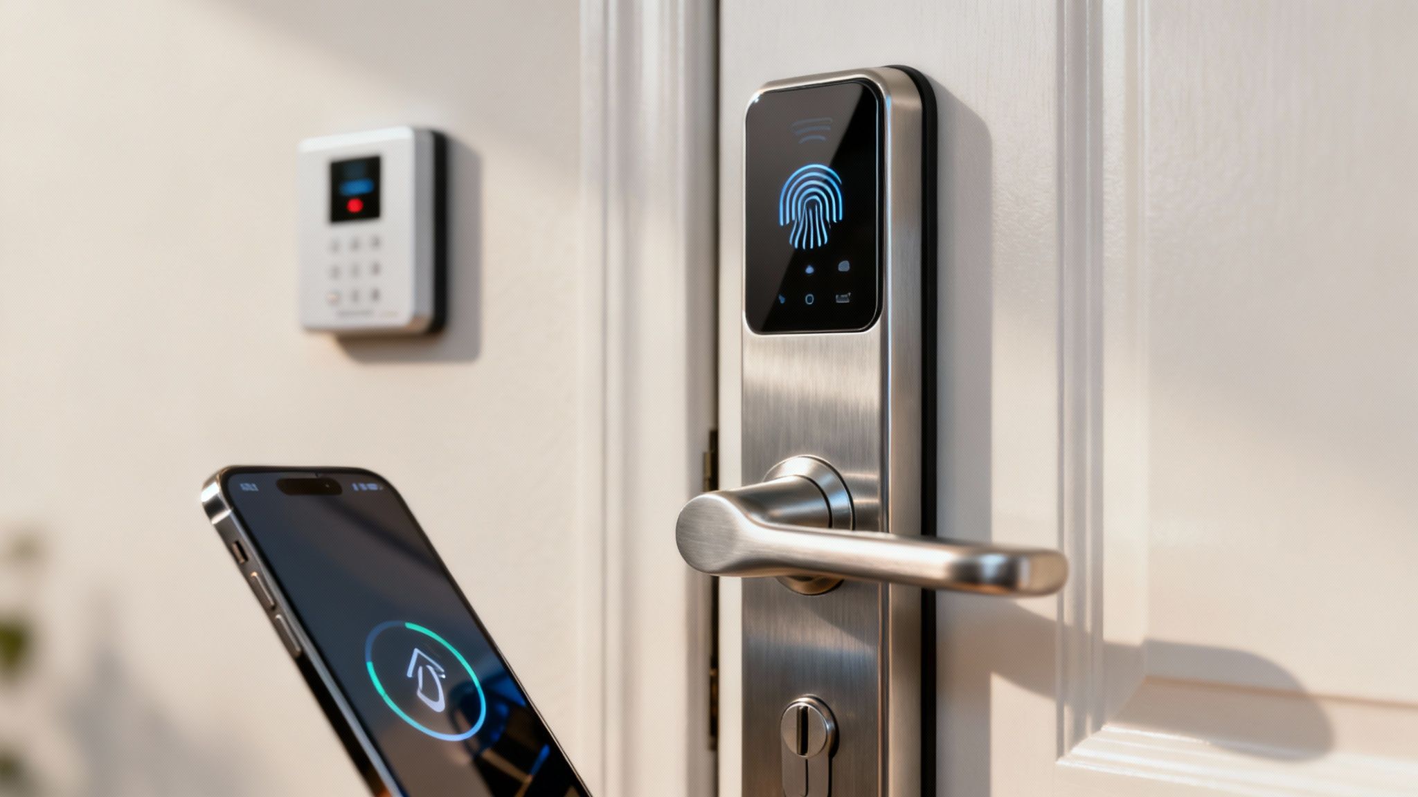 Système de contrôle d'accès intelligent avec serrure biométrique et smartphone sur une porte blanche.