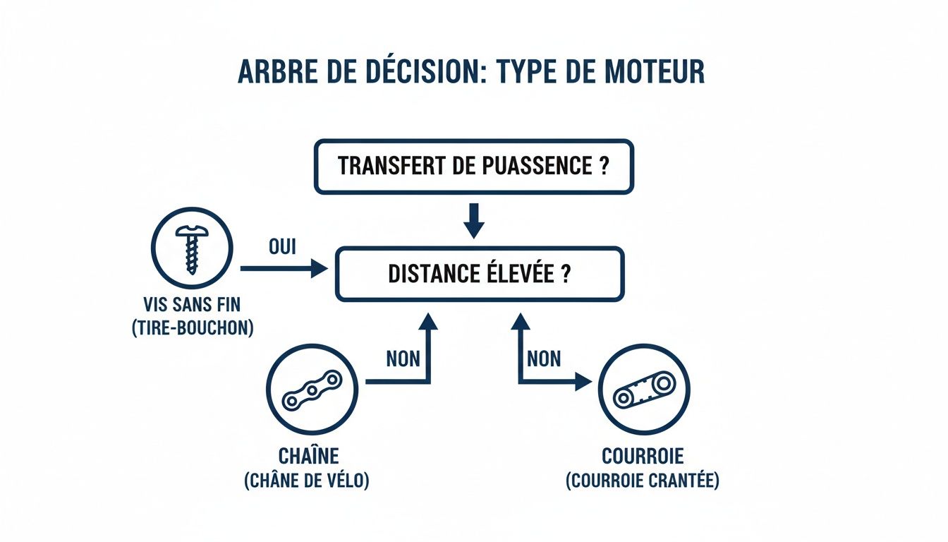 Diagramme illustrant un arbre de décision pour choisir un type de moteur selon le transfert de puissance et la distance.