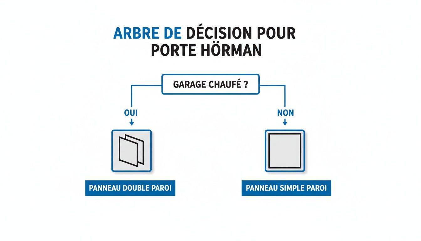 Diagramme de décision pour choisir une porte Hörmann. Il demande si le garage est chauffé, puis suggère un panneau double ou simple paroi.
