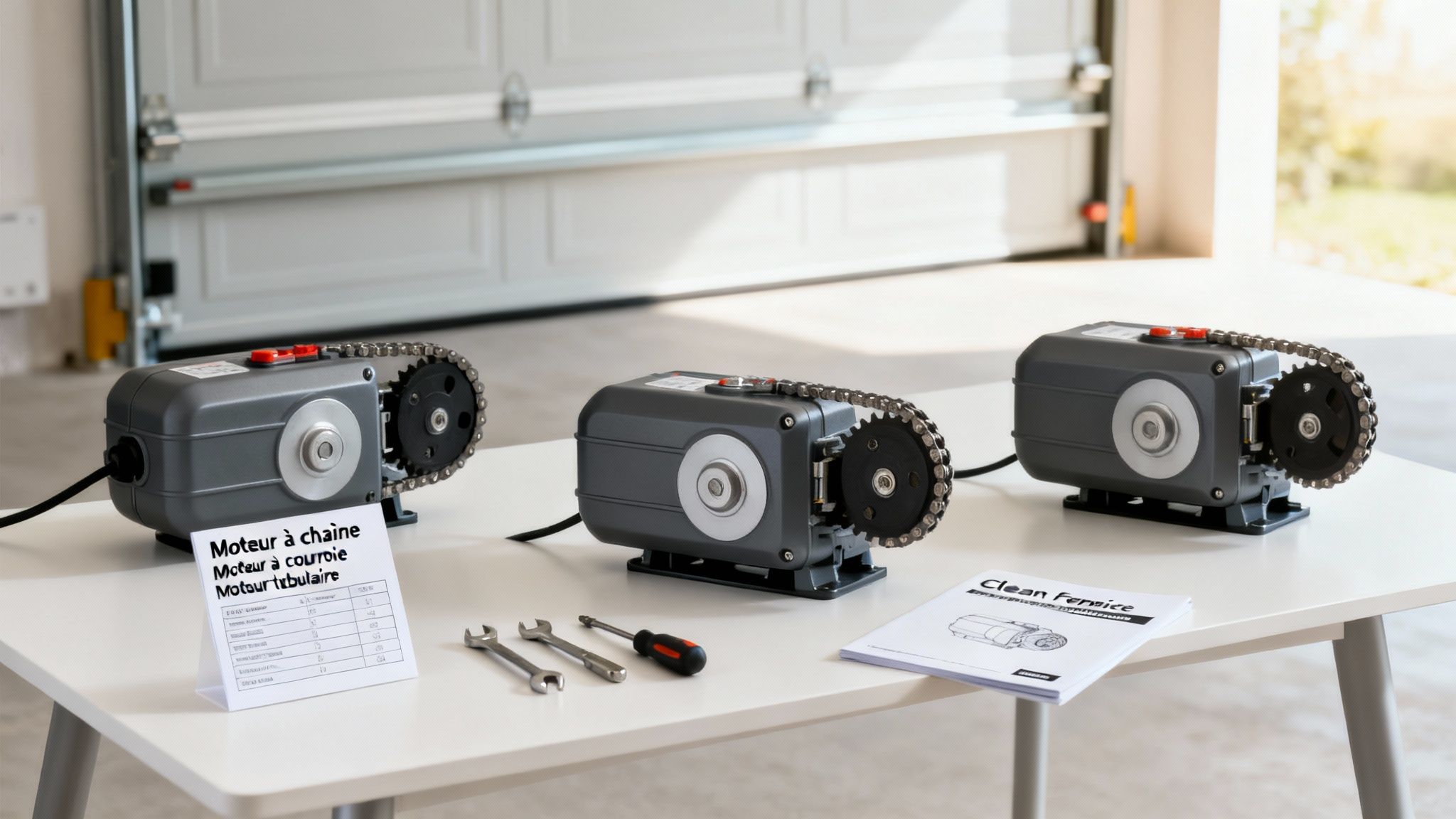 Trois moteurs de porte de garage à chaîne sur une table avec outils et documentation technique.