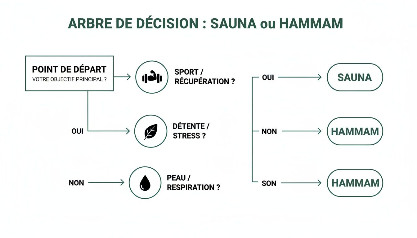 sauna or hammam decision tree - Sauna ou hammam lequel choisir pour votre bien-être Arbre de décision illustrant le choix entre sauna et hammam en fonction des objectifs personnels.