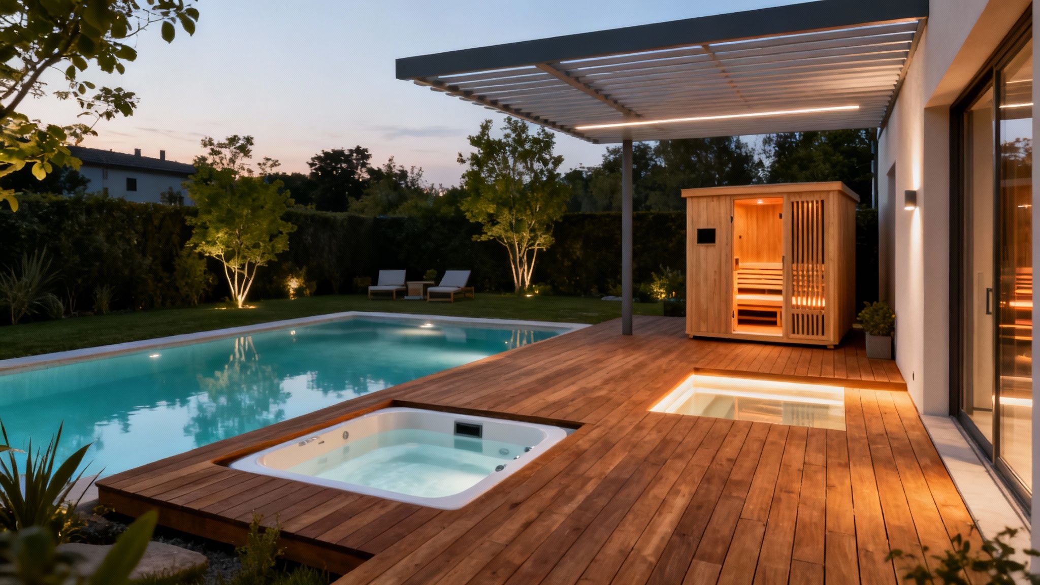 semi inground pool luxury backyard - Le guide complet de la piscine semi enterrée pour votre jardin Une terrasse en bois moderne avec piscine, jacuzzi encastré, sauna et pergola éclairée au crépuscule.
