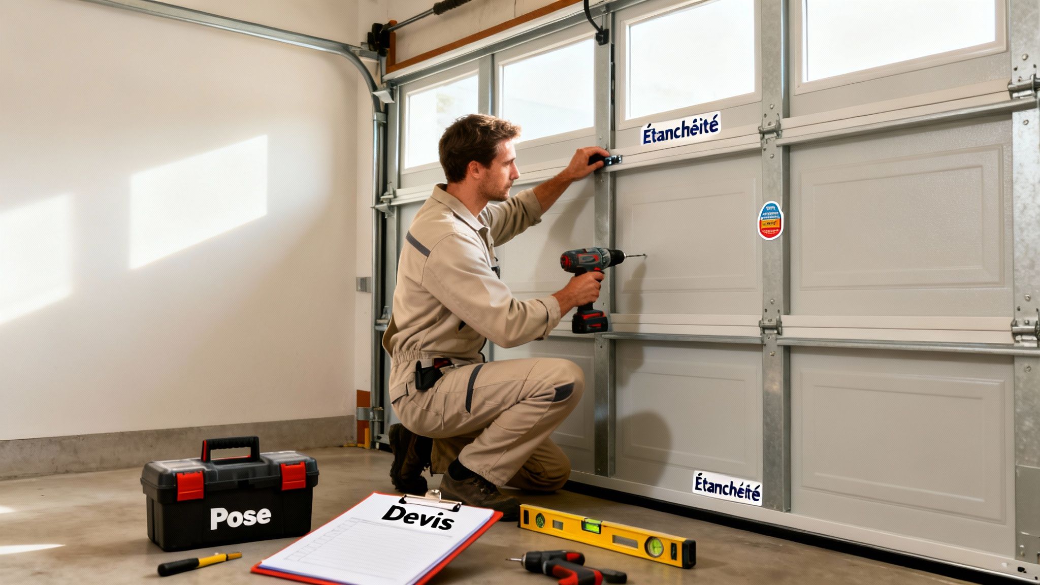 Un installateur pose une porte de garage sectionnelle blanche, utilisant une perceuse, avec des outils et un devis au sol.