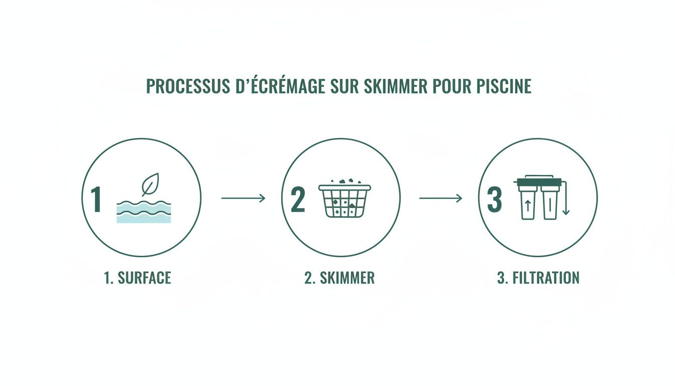 pool skimmer skimming process - Le guide du skimmer pour piscine pour une eau parfaitement claire Infographie illustrant le processus d'écrémage d'une piscine en trois étapes : surface, skimmer, et filtration.