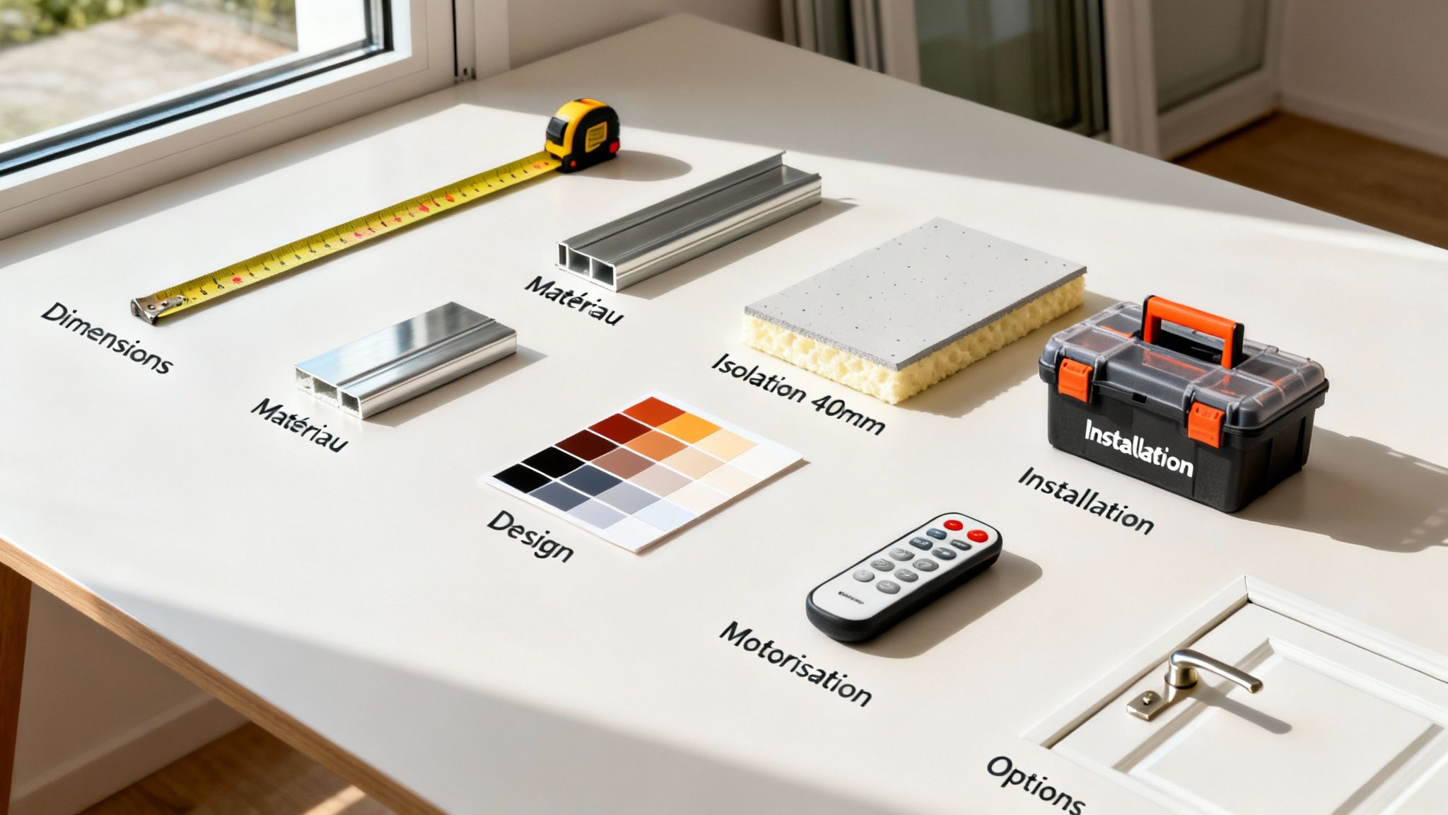 Éléments essentiels pour une installation, incluant mètre, matériaux, isolation, couleurs, télécommande, outils et poignée.