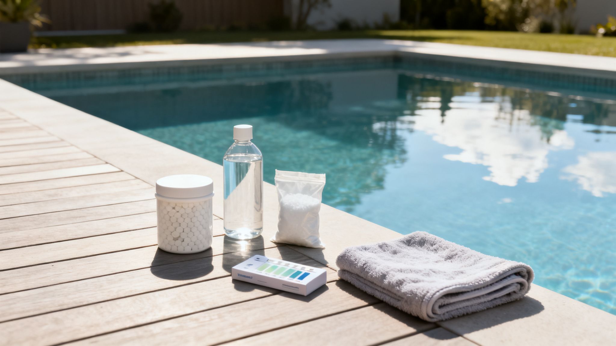 product for the pool pool supplies - Le bon produit pour la piscine, le spa et le bain nordique pour une eau parfaite Bord de piscine avec produits d'entretien (pilules, liquide, granulés, bandelettes) et serviette sur terrasse en bois.