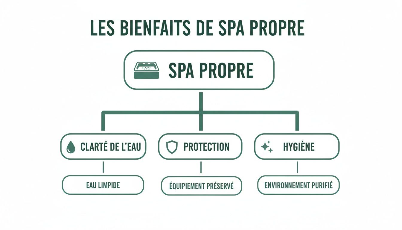 vacuum for jacuzzi spa benefits - Le guide pour choisir le meilleur aspirateur pour votre espace bien-être Infographie illustrant les bienfaits d'un spa propre: clarté de l'eau, protection et hygiène pour un environnement sain.