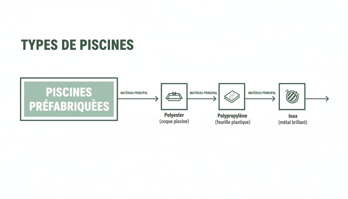 pool shell prefabricated pools - Le guide ultime de la coque pour piscine et du bien-être extérieur Diagramme illustrant les types de piscines préfabriquées selon le matériau principal utilisé : polyester, polypropylène et inox.