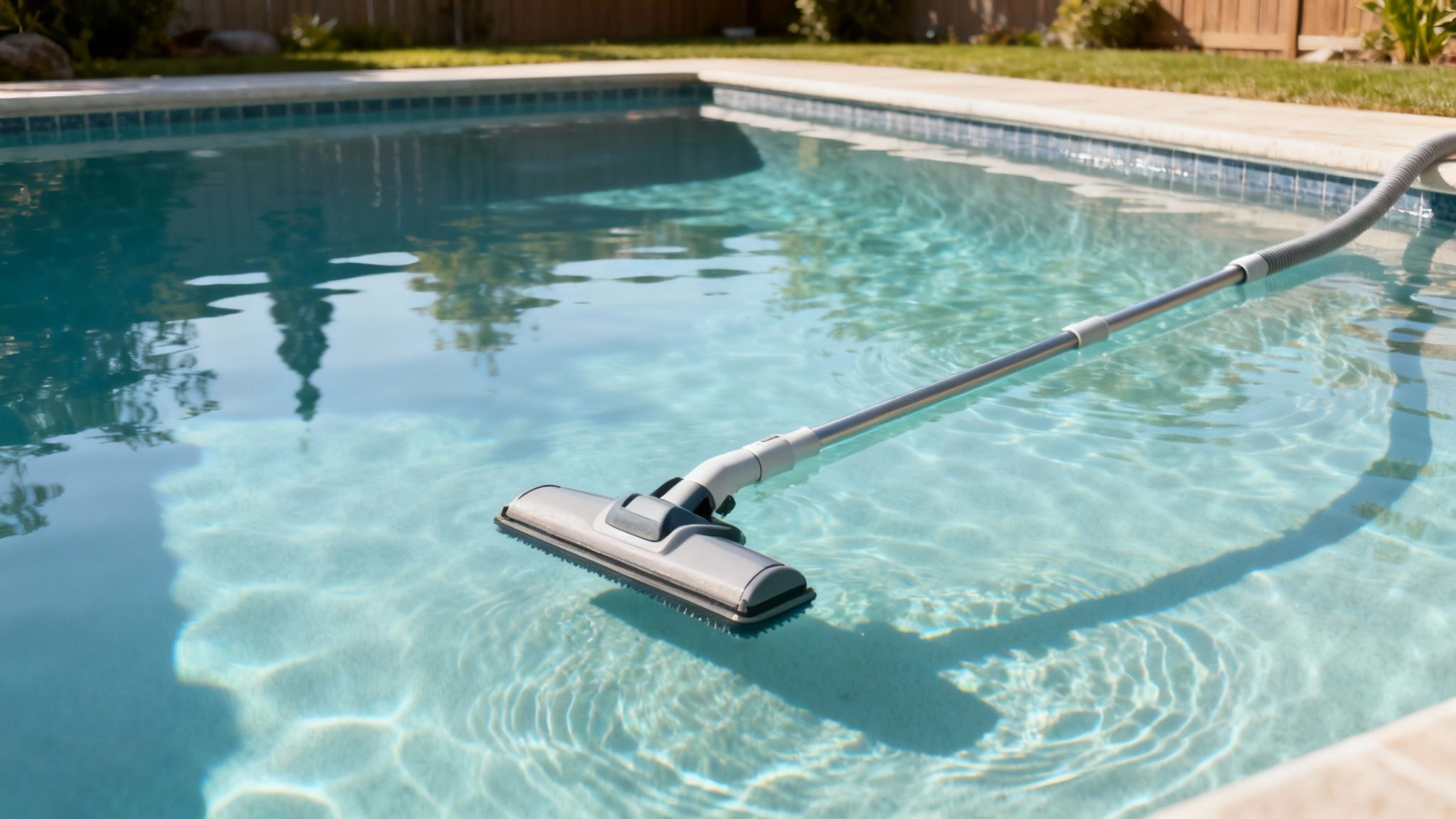 pool vacuum pool cleaning - Le guide complet pour choisir votre aspirateur de piscine idéal Un aspirateur de piscine nettoie le fond d'une piscine extérieure bleue claire par une journée ensoleillée.
