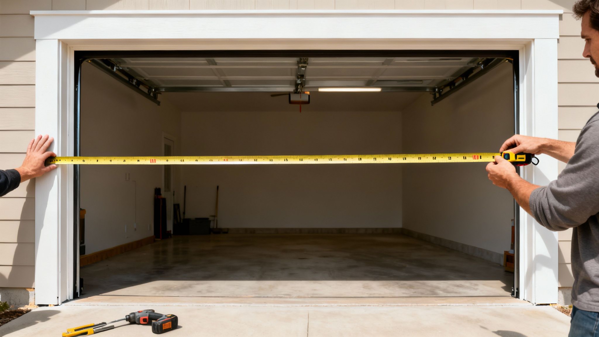 Deux hommes mesurent la largeur d'une ouverture de porte de garage avec un ruban à mesurer jaune, pour des travaux de construction.