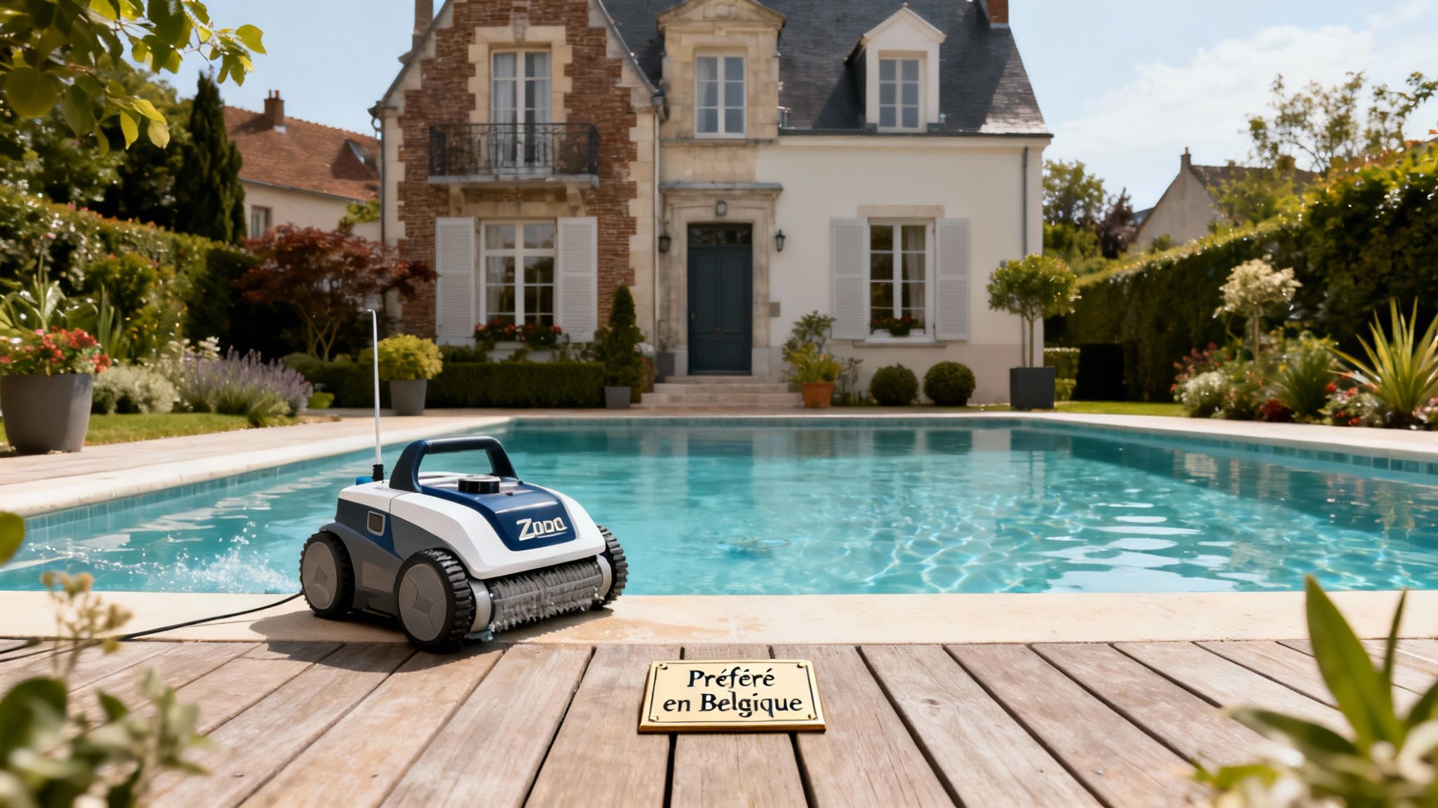 zodiac pool robot swimming pool - Le guide ultime du robot pour piscine Zodiac en Belgique Robot de piscine Zodiac bleu et blanc sur terrasse en bois, près d'une piscine devant une belle maison et jardin.