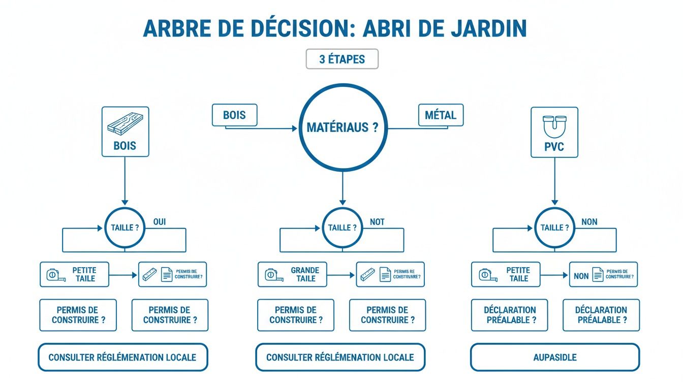 Diagramme de décision pour abri de jardin, classant les matériaux (bois, métal, PVC) et tailles pour les permis de construire.