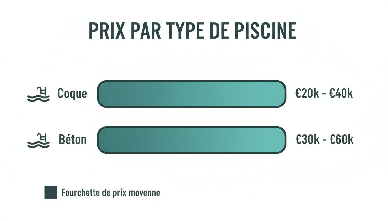 inground pool price pool costs - Prix piscine enterrée : Le guide complet du budget bien-être (piscine, spa, sauna) Graphique illustrant les prix moyens des piscines enterrées selon leur type : coque ou béton.