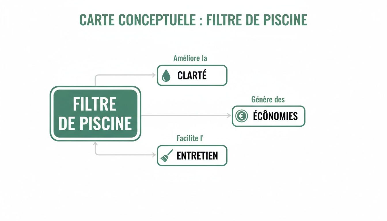 pool filter conceptual map - Le guide complet du filtre à piscine pour une eau cristalline Carte conceptuelle illustrant les avantages d'un filtre de piscine: améliore la clarté de l'eau, génère des économies et facilite l'entretien.